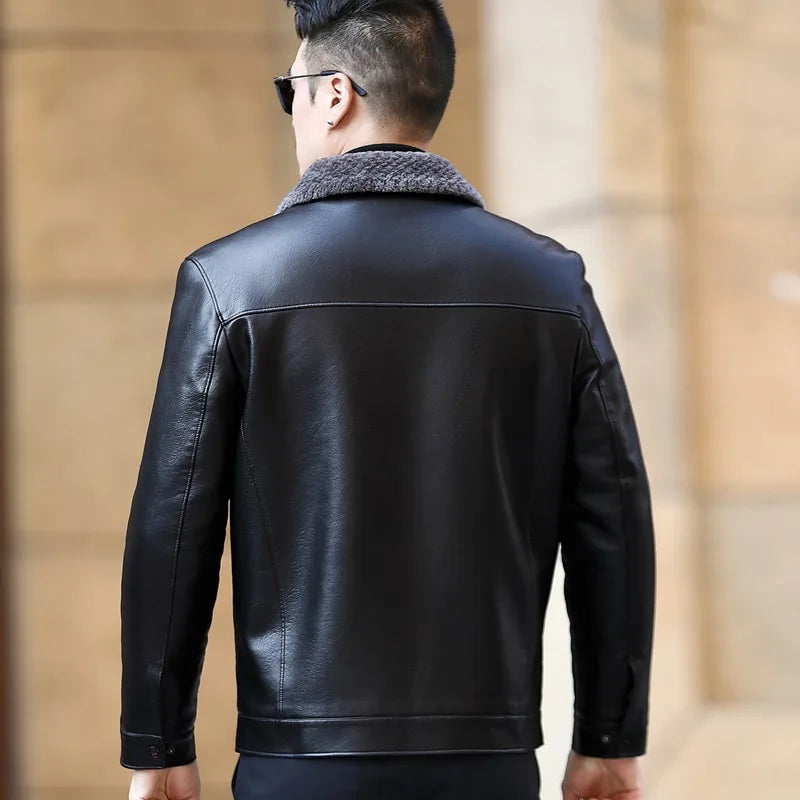 New Stylish Winter Men's Leather Jacket Fur One Casual Thickened plus Sheep Warm Leather Fashion Jacket 