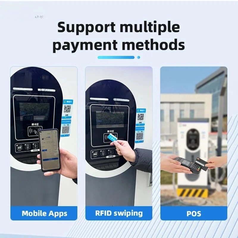 Payment methods support with mobile app, RFID swiping, and POS at a charging station.