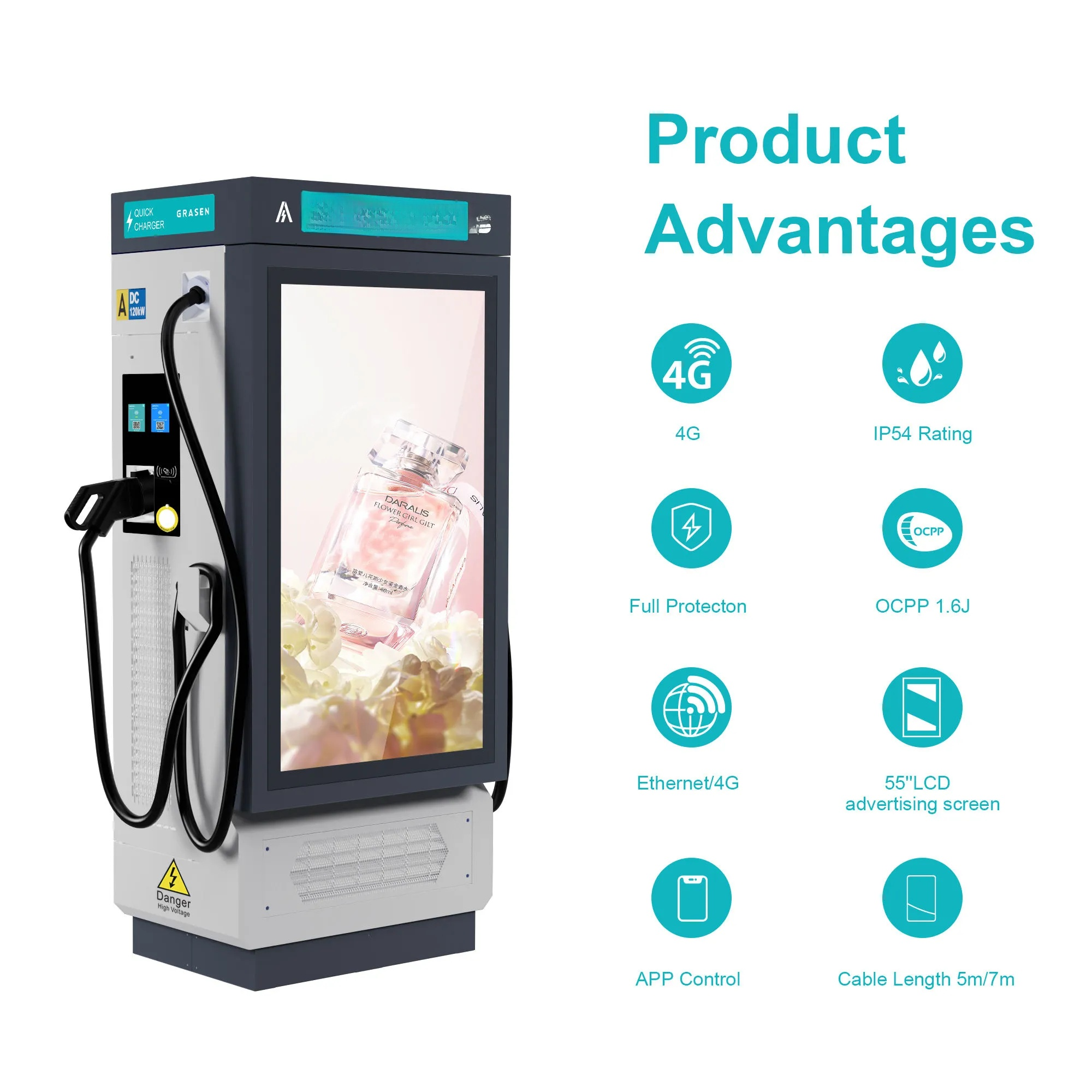 Product advantages of a digital kiosk with features listed on a white background