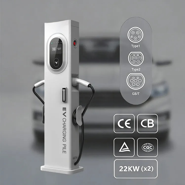 EV charging pile with connectors and certification logos on a gray background
