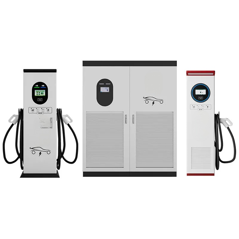 Three electric vehicle charging stations on a white background