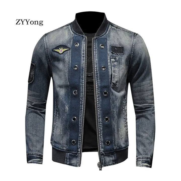 European Style Stand Collar Patch Bomber Pilot Blue Denim Jacket Men Jeans Coats Motorcycle Casual Outwear Clothing Overcoat