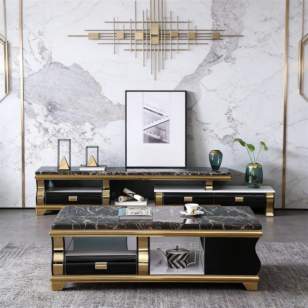 Modern Black Marble Coffee Table – Luxury Gold Wood Center Table with Storage