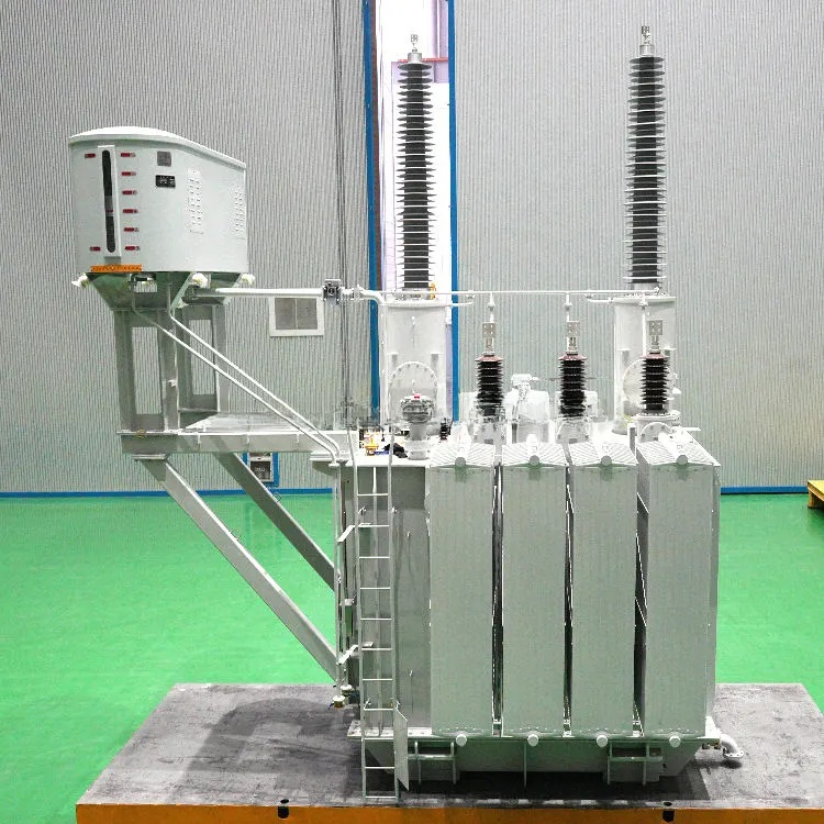 Electrical transformer on display with a green floor and gray wall background
