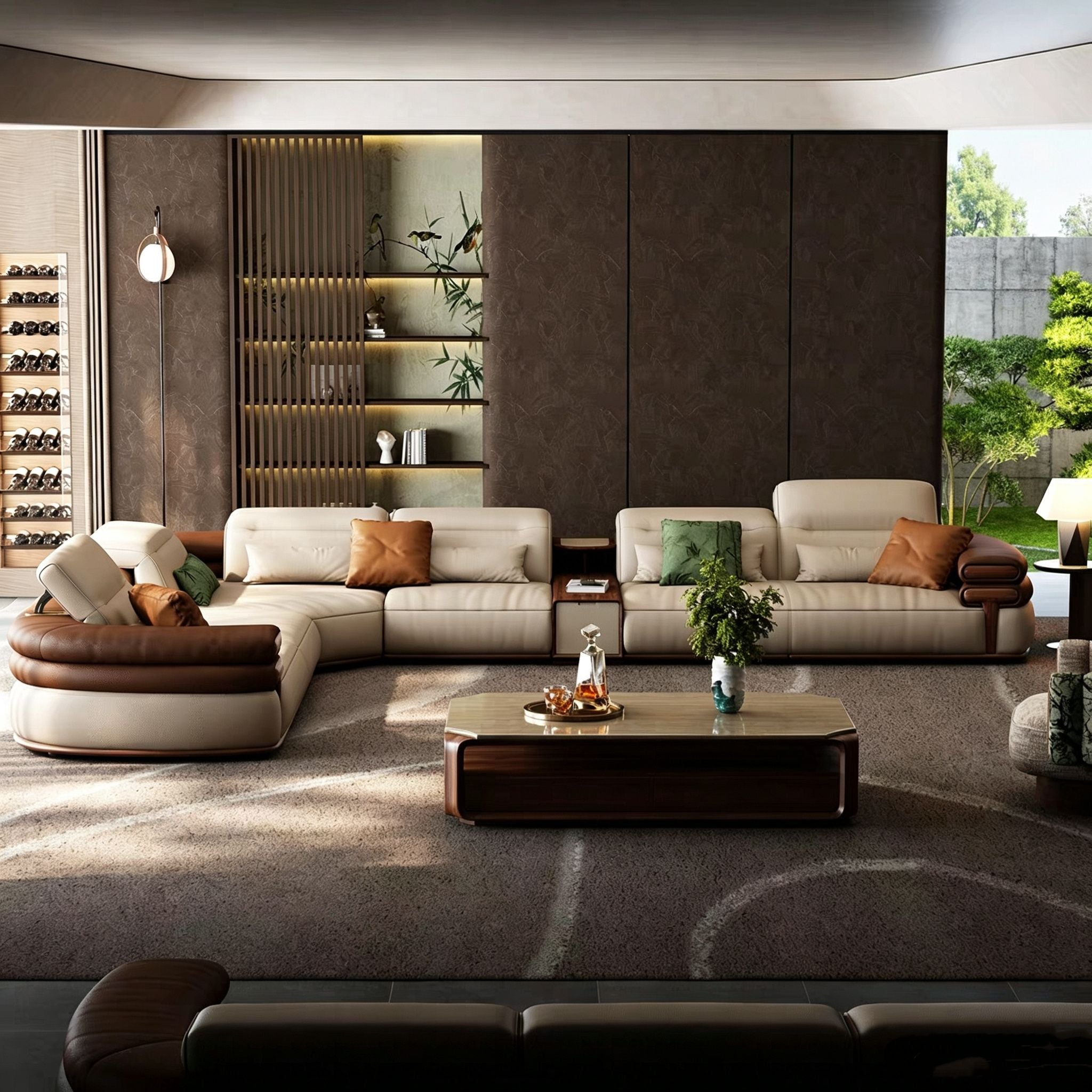 Modern living room with beige sectional sofa, brown armchair, and decorative elements.