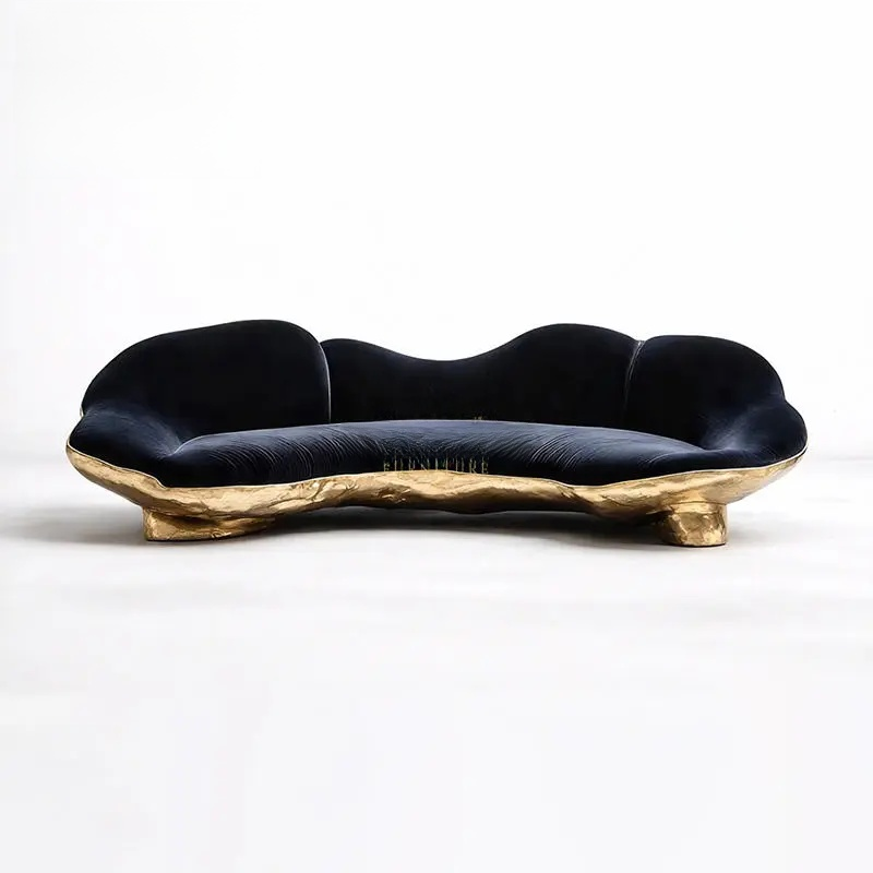 Luxury Artistic Black Velvet Sofa with Gold Hammered Metal Base – Wavy Cloud Design