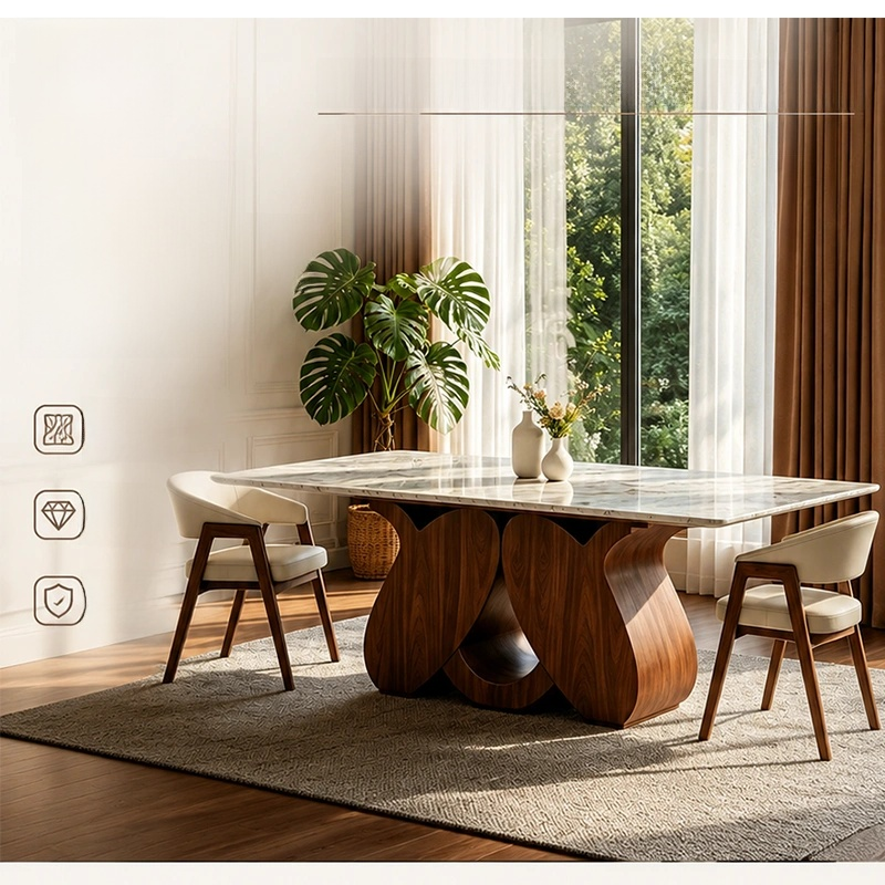 Rectangular Marble Dining Table – Solid Wood Pedestal Base Modern Nordic Luxury Dining Room Furniture
