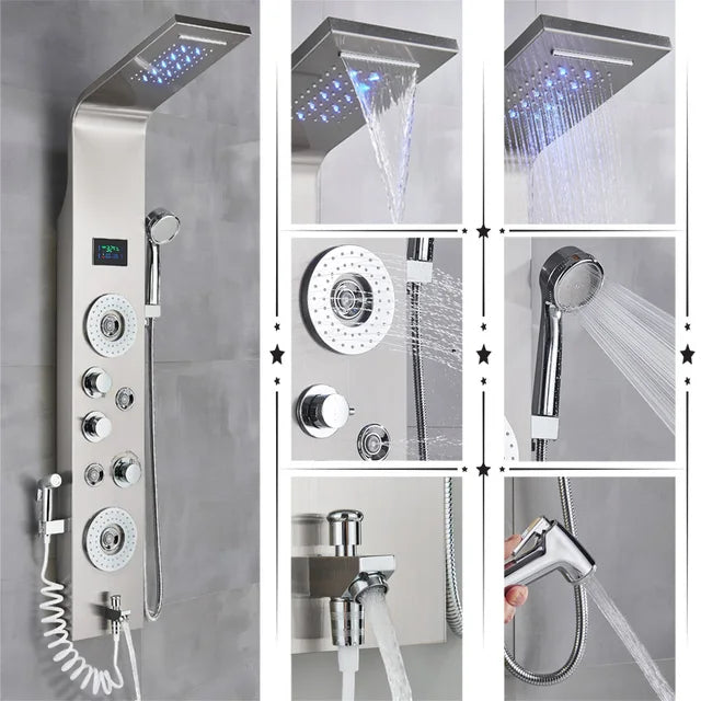 Luxury Black/Brushed Bathroom Shower Faucet LED Rainfall Shower Panel System Bathtub Mixer Tap Massage Spa Temperature Screen