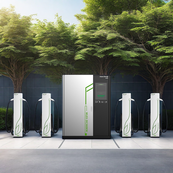Electric vehicle charging station with multiple charging points in a green outdoor setting.