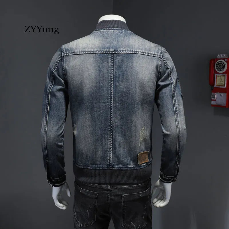 European Style Stand Collar Patch Bomber Pilot Blue Denim Jacket Men Jeans Coats Motorcycle Casual Outwear Clothing Overcoat