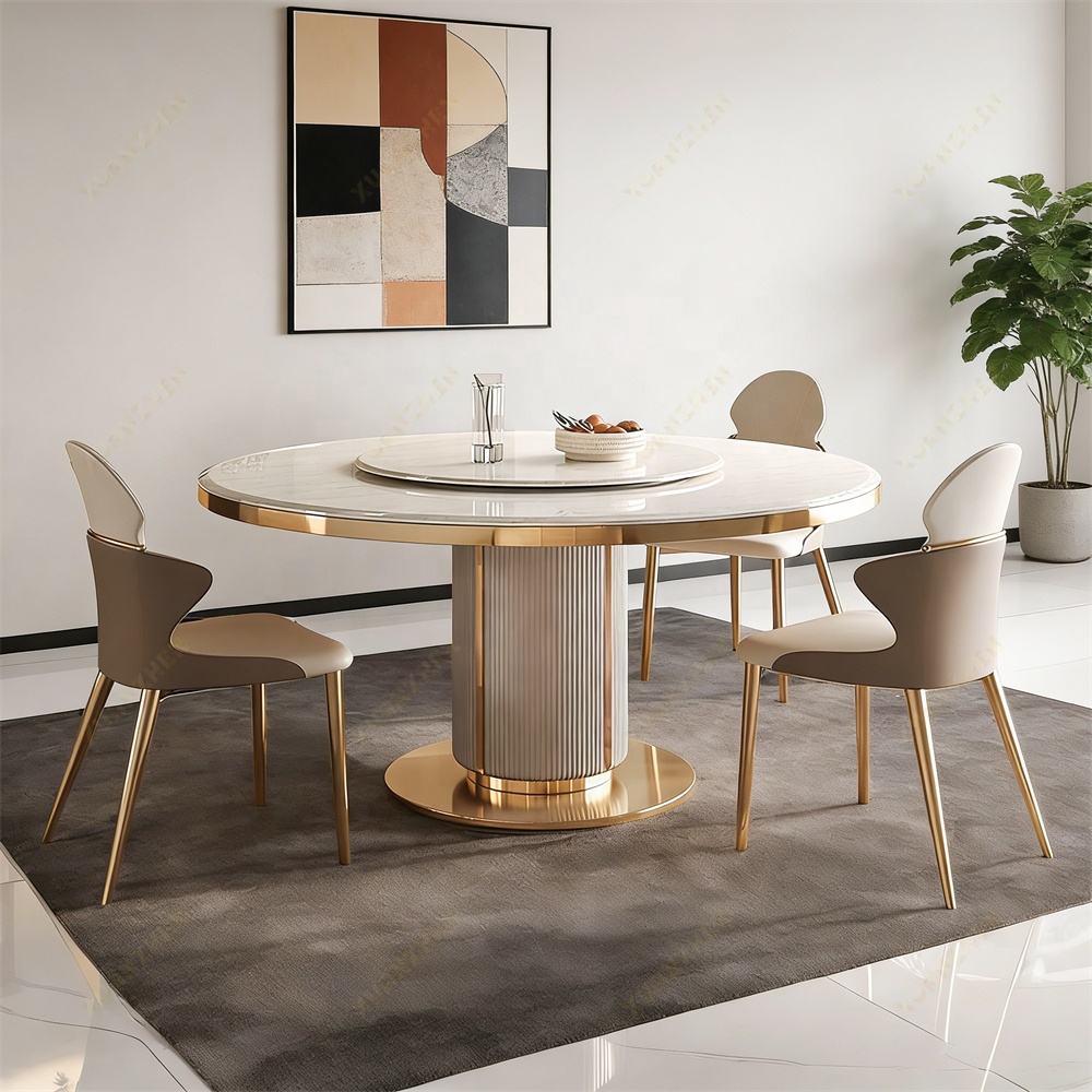 Modern Round Marble Dining Table Set – Luxury Dining Room Furniture with 6 Chairs