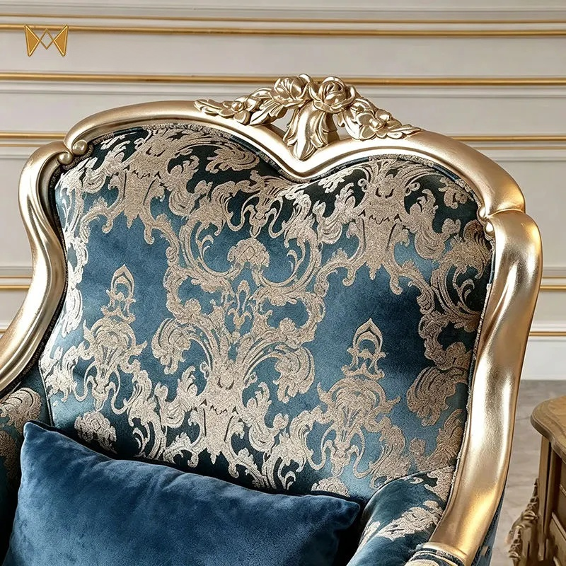 Premium Leisure Armchair – Hand-Carved Solid Wood Upholstered Accent Chair with Jacquard Fabric