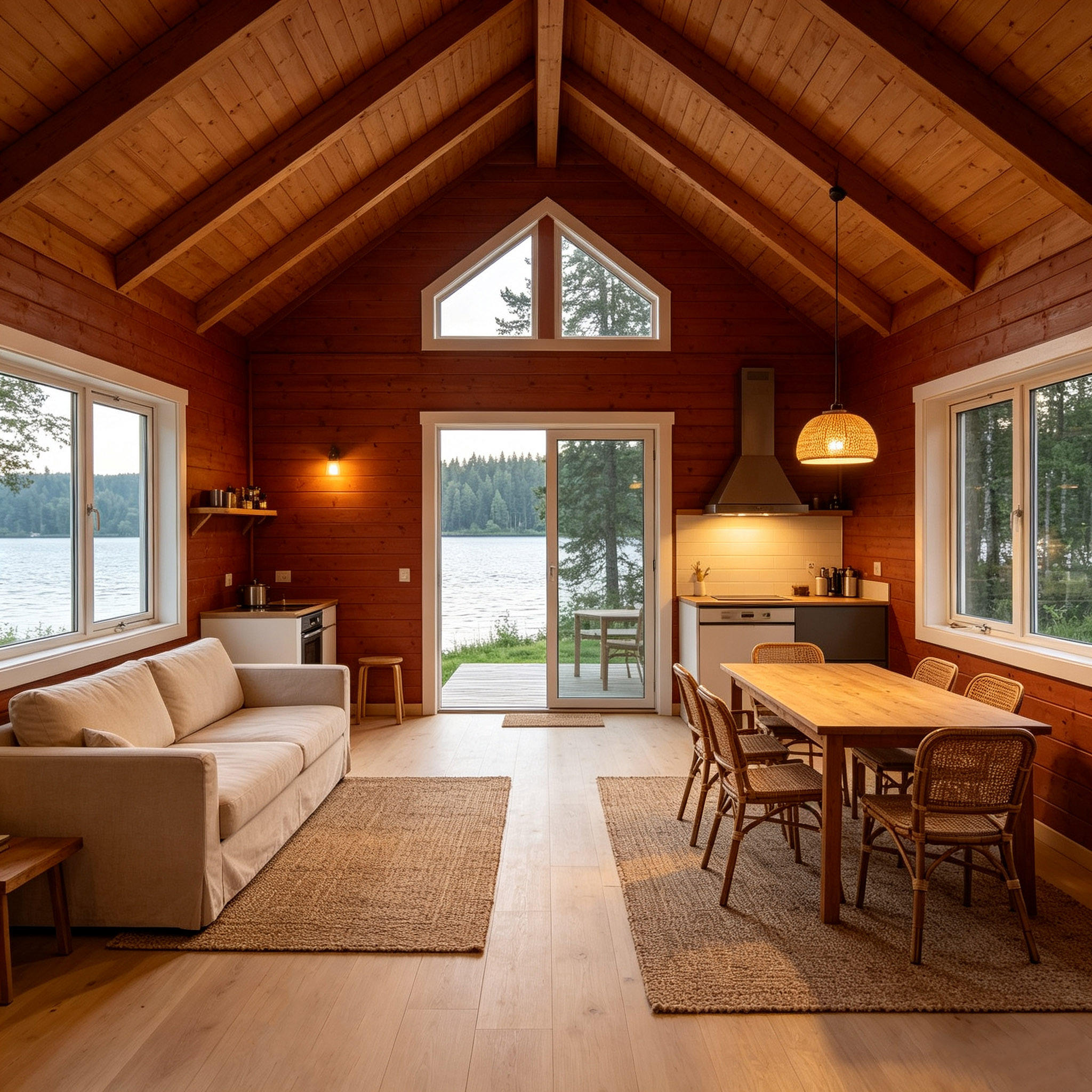 A cozy log cabin interior with a high wood-beamed roof, large windows, and a lake view. The room includes a cream sofa, a wooden dining table with woven chairs, a small kitchen area, and natural fiber rugs on a light wood floor.