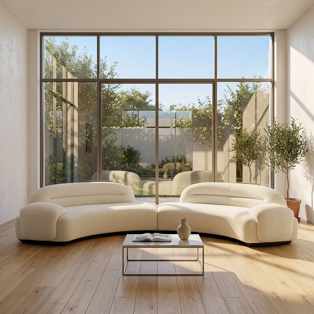 Modern living room with a white sectional sofa, coffee table, and large windows.