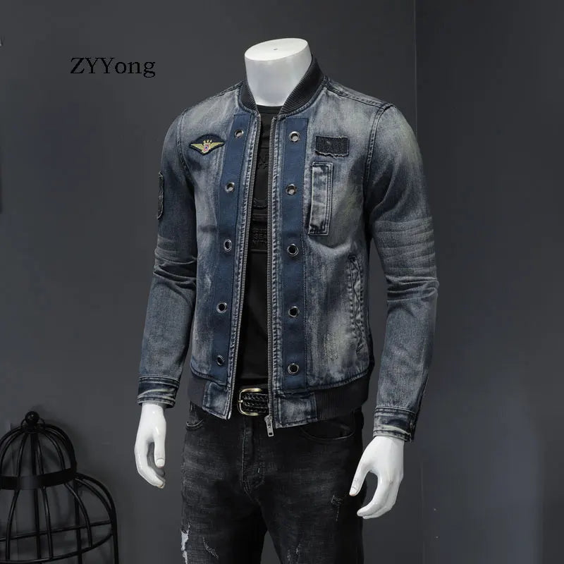 European Style Stand Collar Patch Bomber Pilot Blue Denim Jacket Men Jeans Coats Motorcycle Casual Outwear Clothing Overcoat