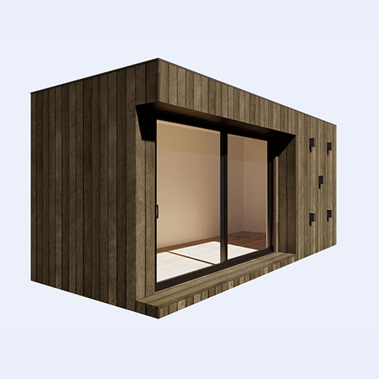Wooden modular building with glass doors on a white background