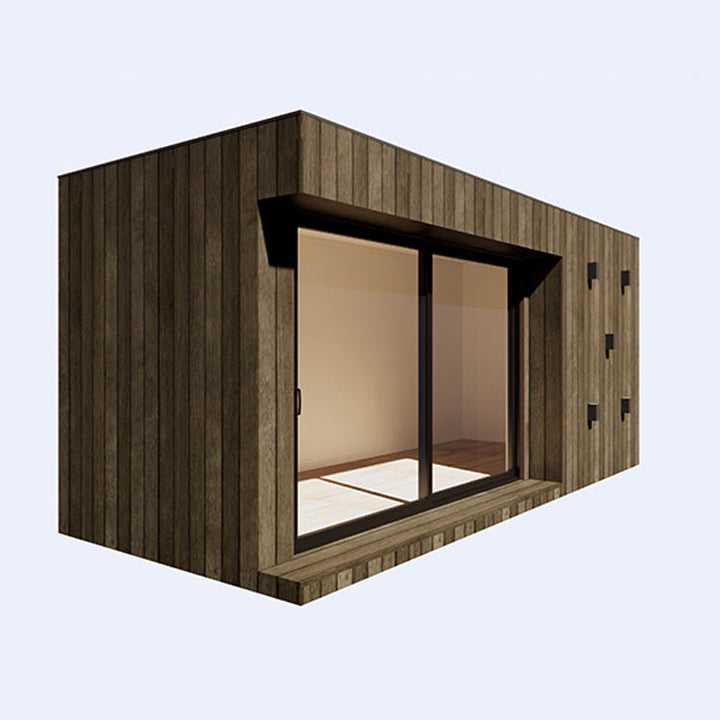 Wooden modular building with glass doors on a white background