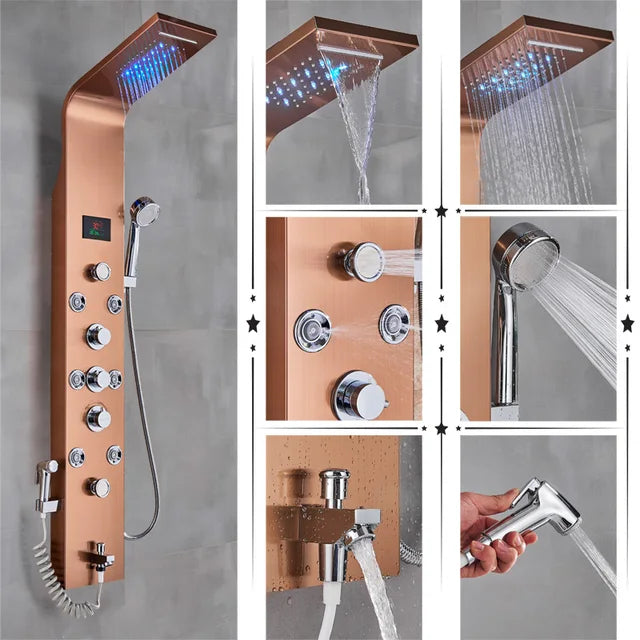 Luxury Black/Brushed Bathroom Shower Faucet LED Rainfall Shower Panel System Bathtub Mixer Tap Massage Spa Temperature Screen