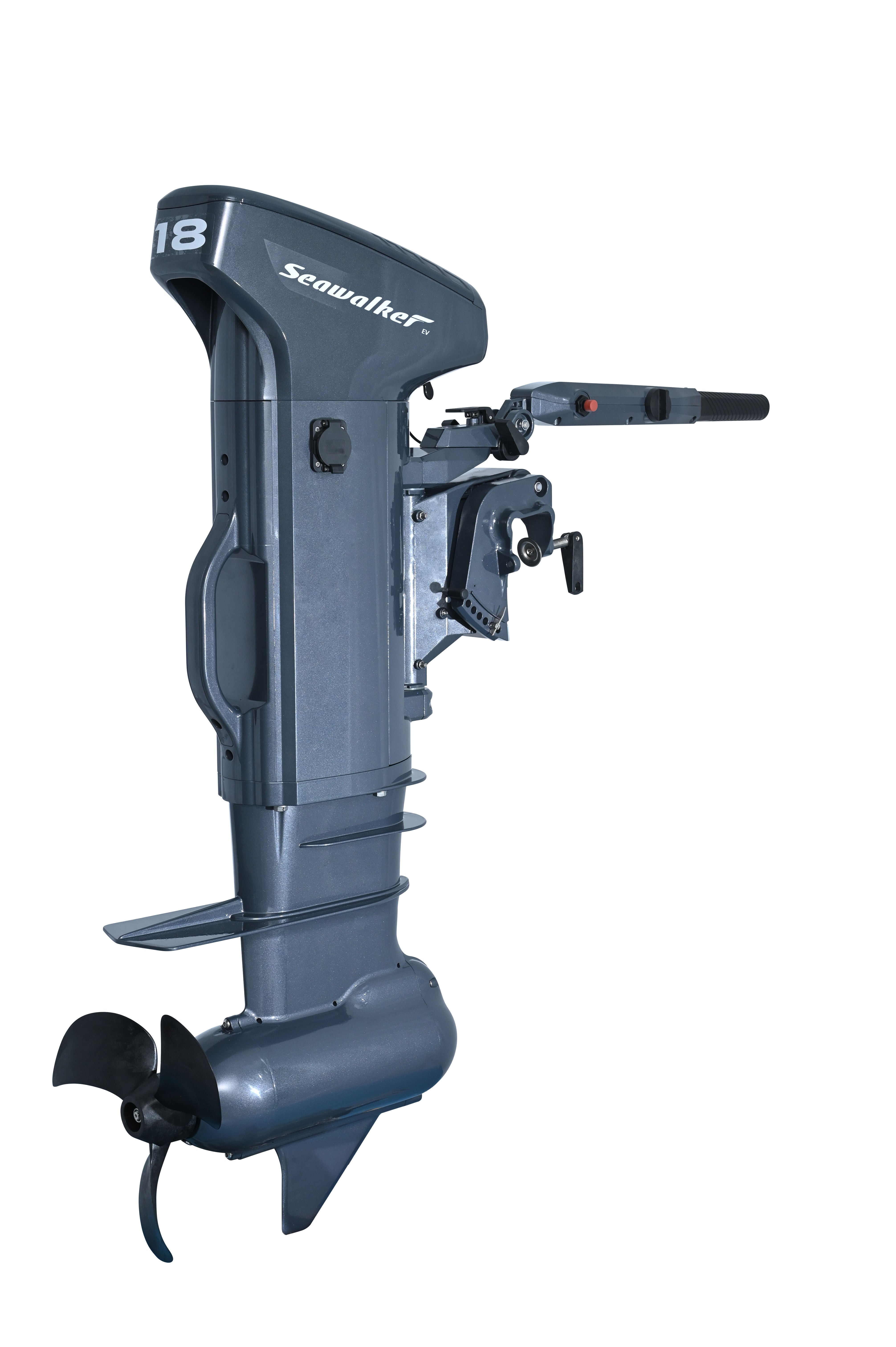 A dark gray SeaWalker 18 horsepower outboard motor with its propeller and throttle handle, shown against a plain white background.