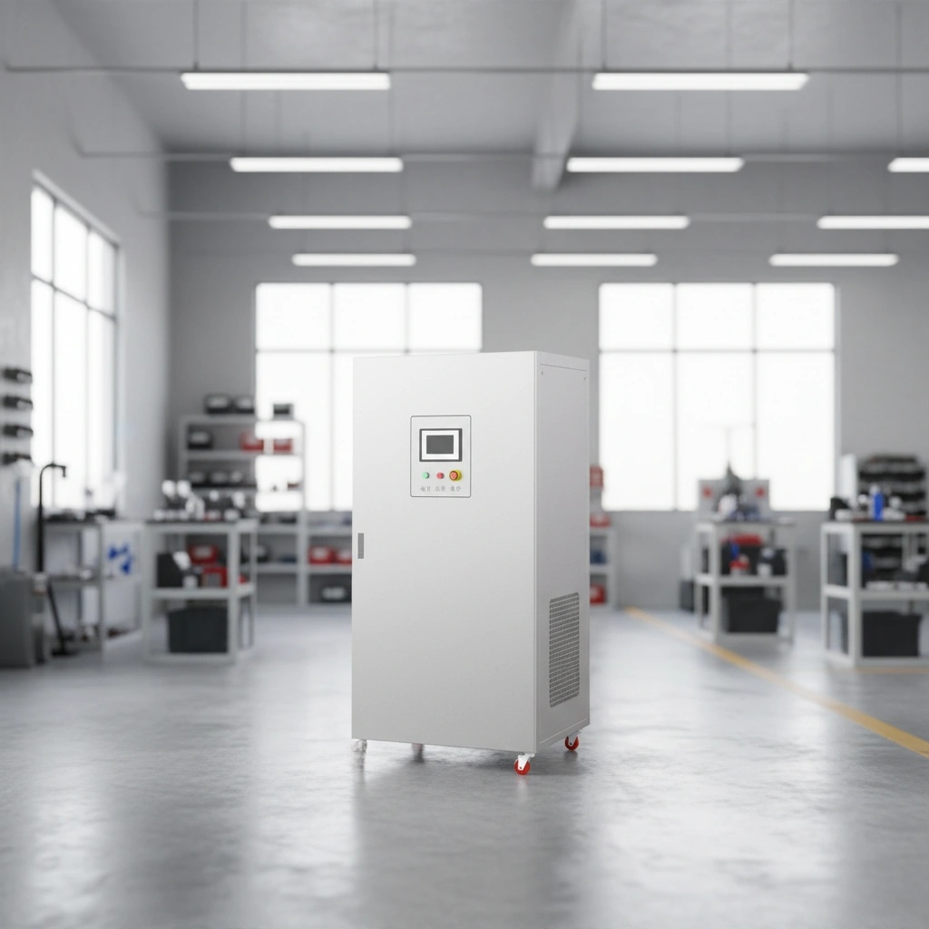 Large white industrial machine in a room with equipment and windows