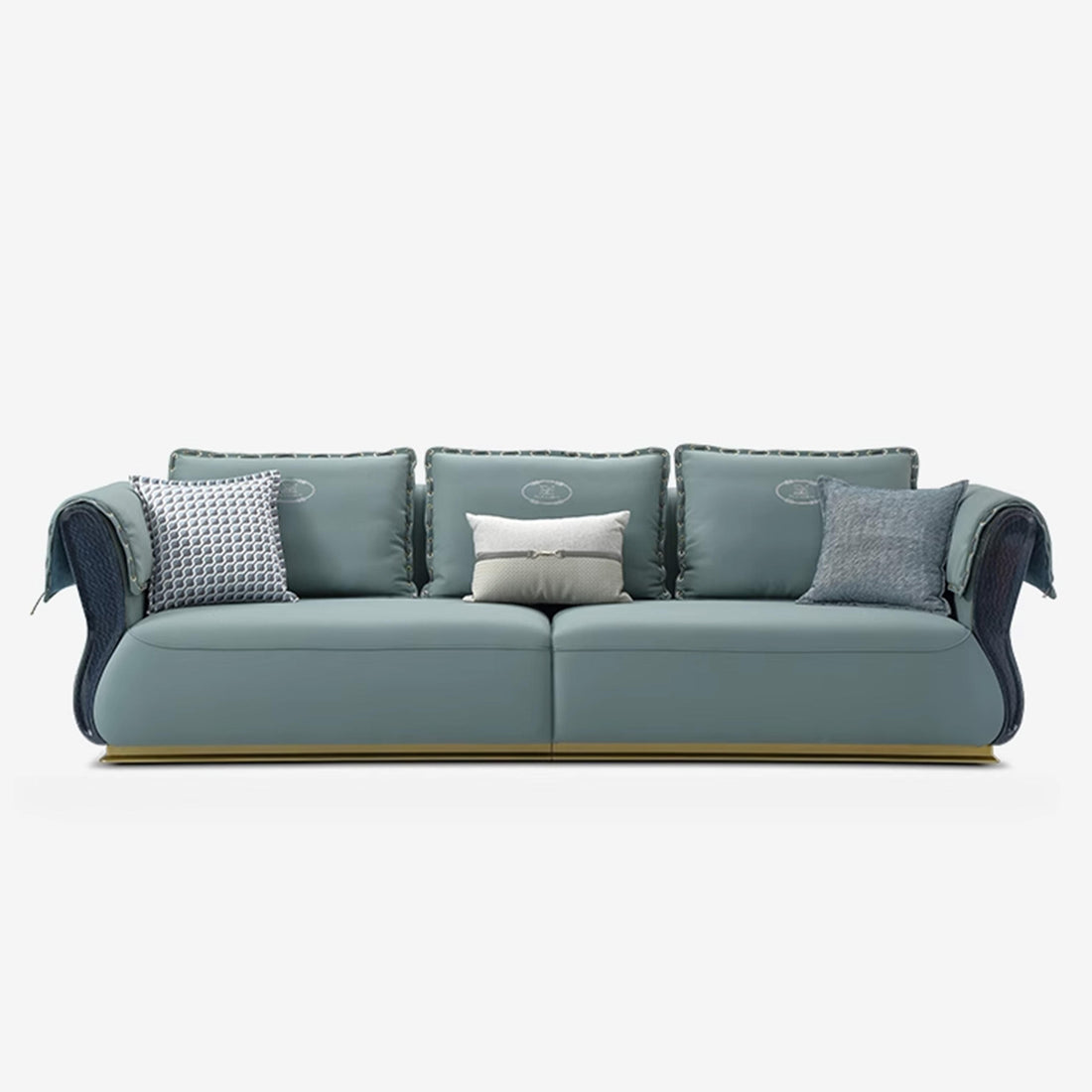 Blue sofa with decorative pillows on a white background