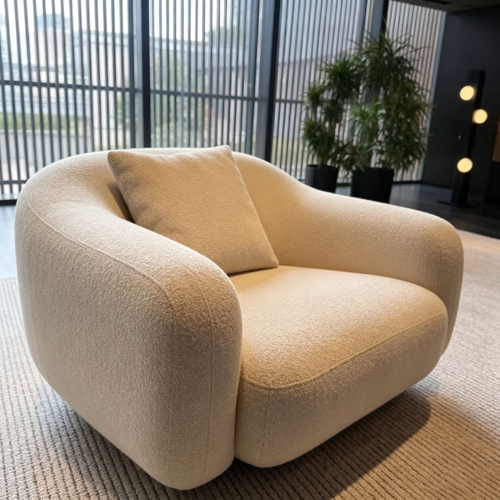 Beige armchair in a modern room with large windows and plants