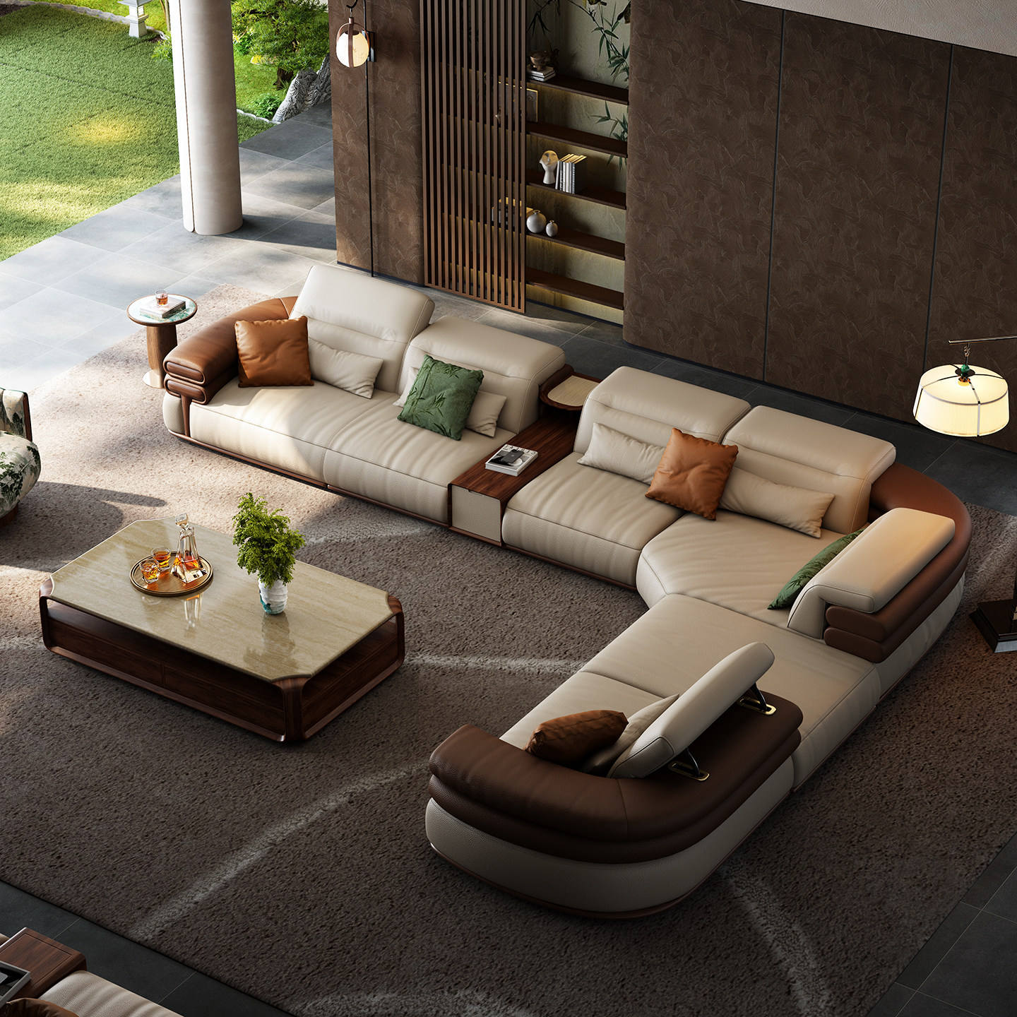 Modern living room with a large beige sectional sofa and a coffee table.