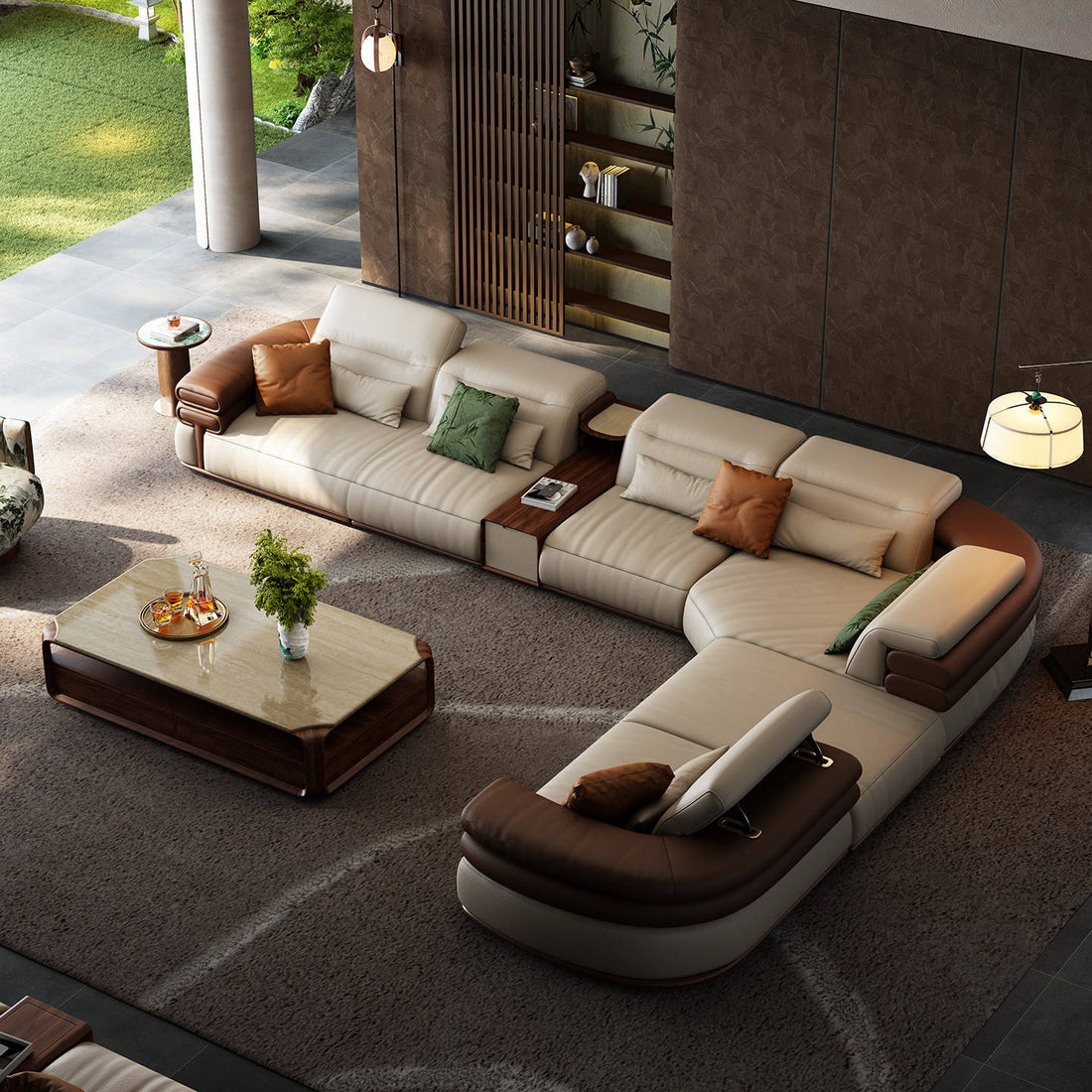 Modern living room with a large beige sectional sofa and a coffee table.