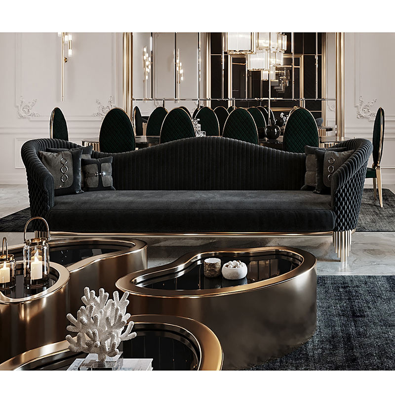 New High-End Italian Light Luxury Sofa Set – Black & Gold Modern Velvet Couch