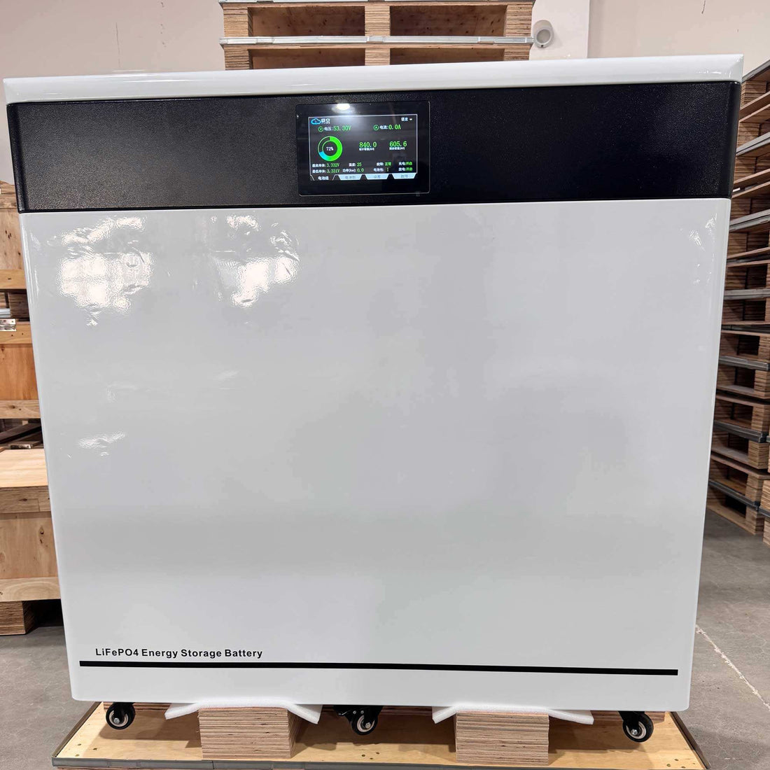Energy storage battery on a pallet with wooden pallets in the background
