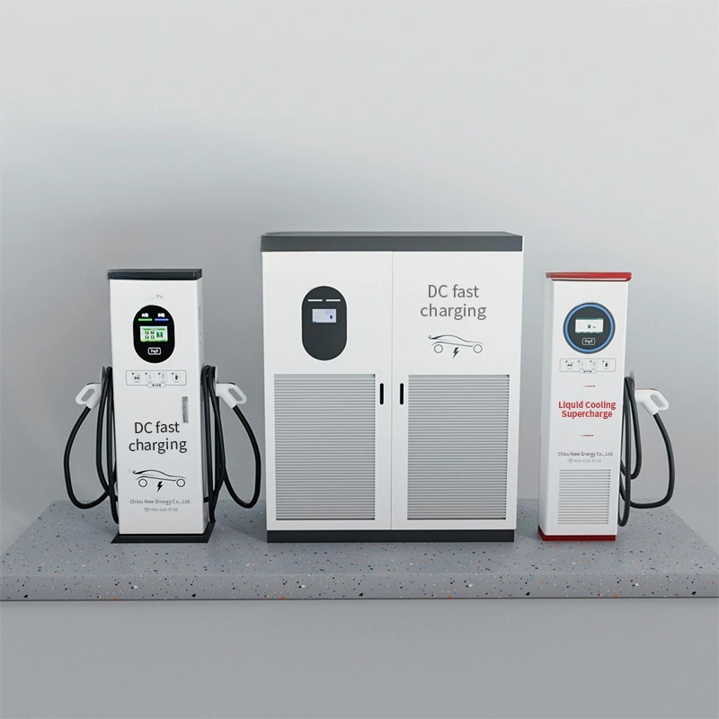 Three electric vehicle charging stations on a gray platform with a light gray background