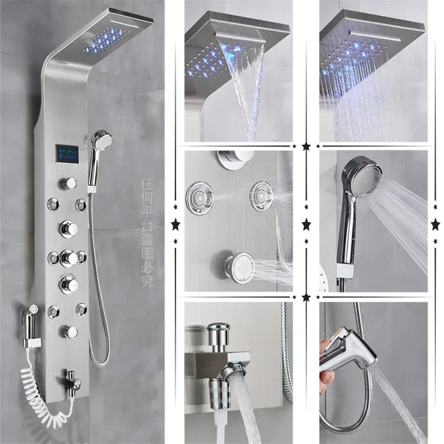 Luxury Black/Brushed Bathroom Shower Faucet LED Rainfall Shower Panel System Bathtub Mixer Tap Massage Spa Temperature Screen