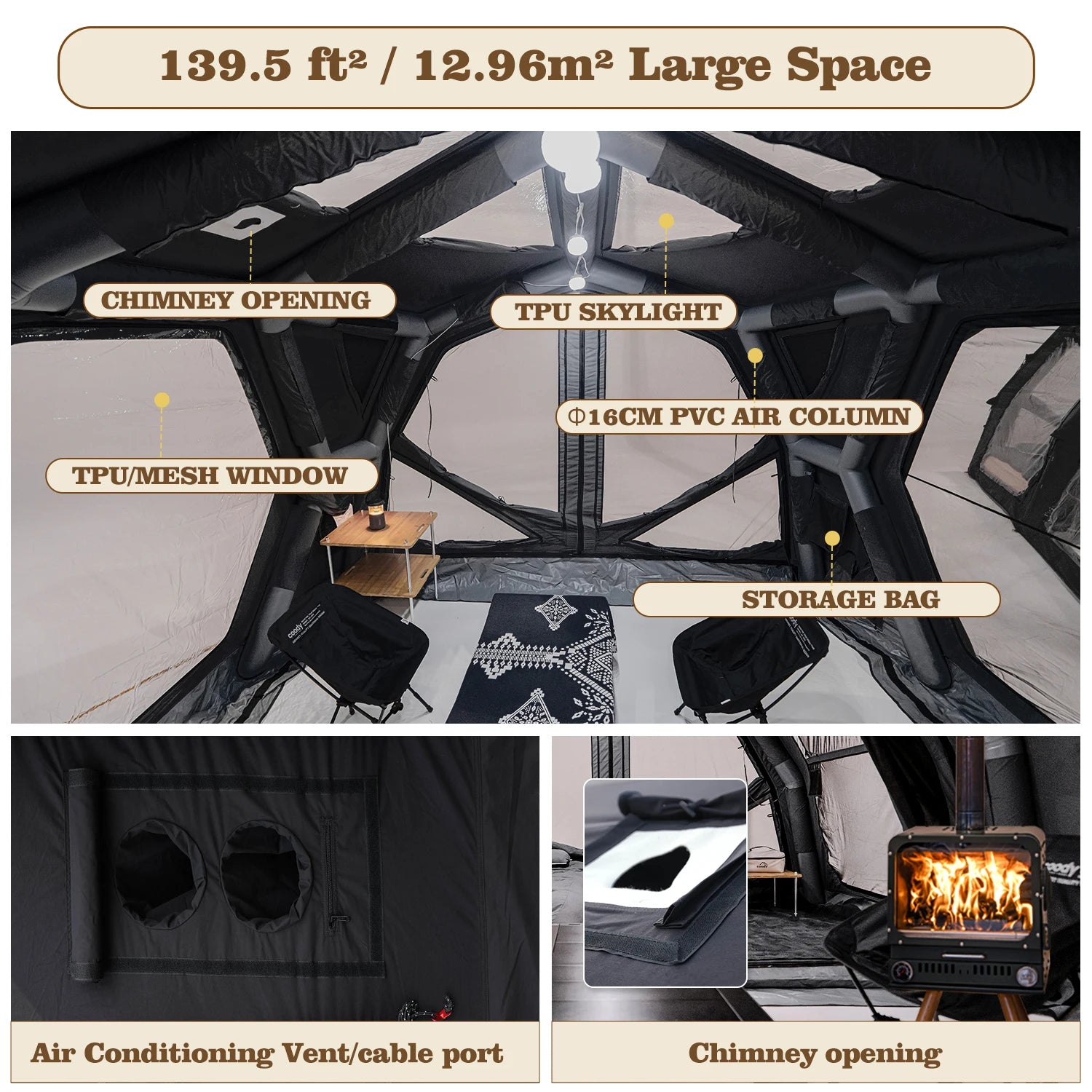 Coody Hubshelter Pro Air Tent-Black China Inflatable Tent Manufacturers Family Durable Cotton 4 Seasons Camping Inflatable Tent