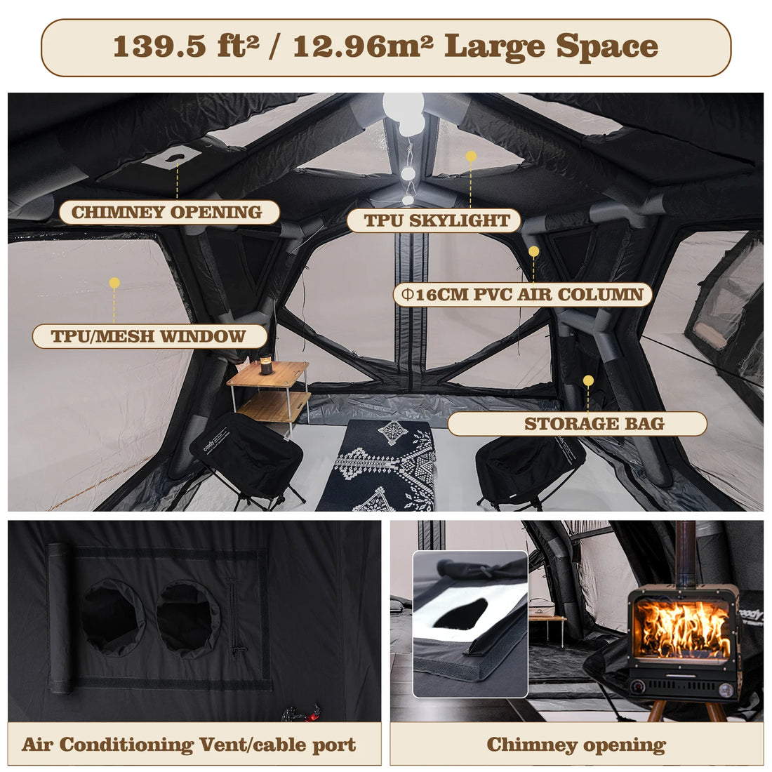 Coody Hubshelter Pro Air Tent-Black China Inflatable Tent Manufacturers Family Durable Cotton 4 Seasons Camping Inflatable Tent