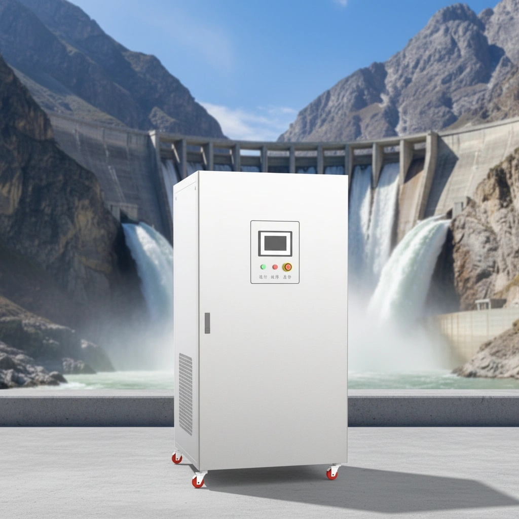 White industrial cabinet with digital display in front of a dam with water flowing over it.