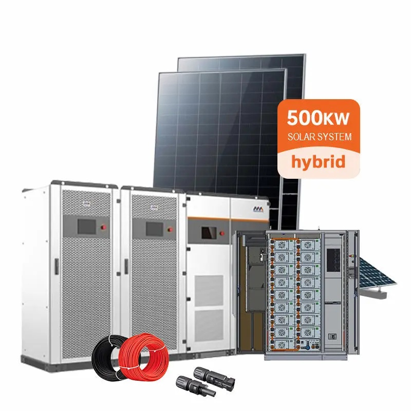 500kW hybrid solar system with solar panels, battery storage, and wiring on a white background.