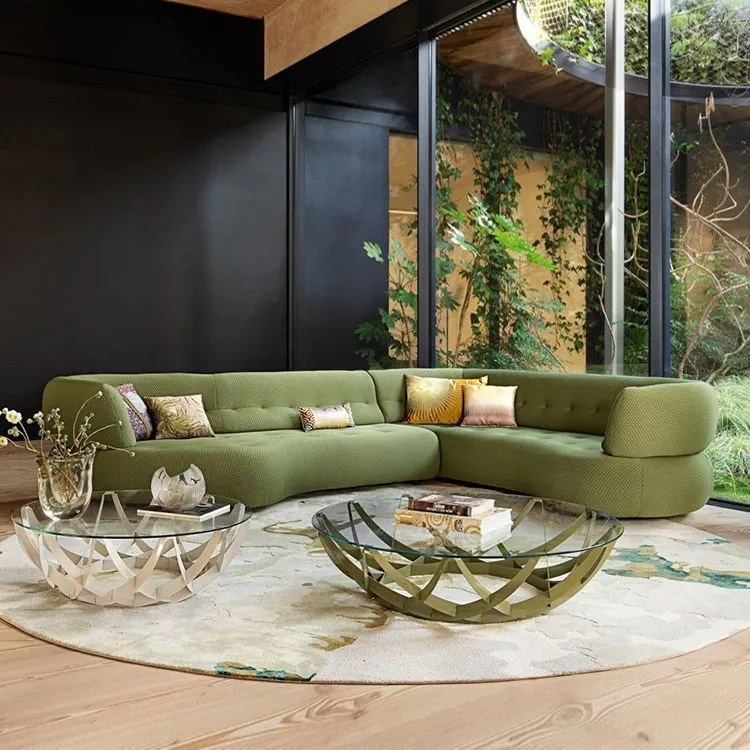 New French Minimalist Curved Sofa Combination – Olive Green Luxury Living Room Sofa