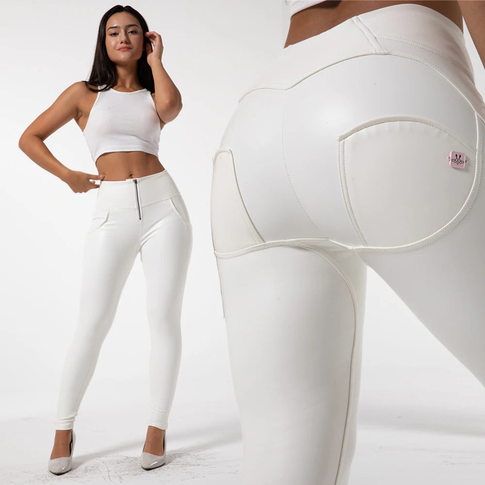 New High Waisted Leather Alike Women Jeans Leggings 