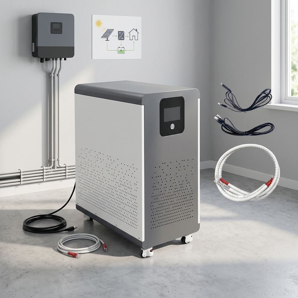 Power station with cables and connectors on a gray floor