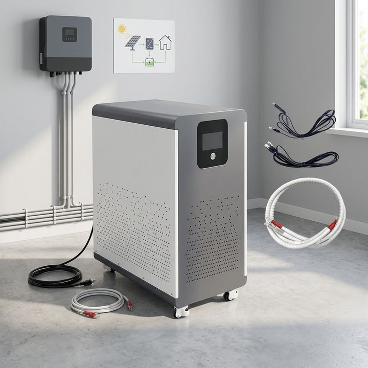 Power station with cables and connectors on a gray floor