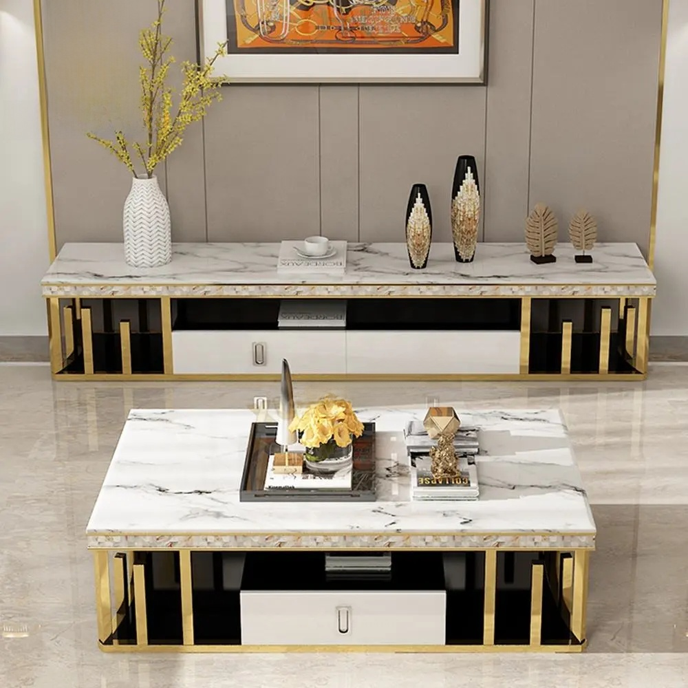 Modern living room with marble coffee table and TV stand.