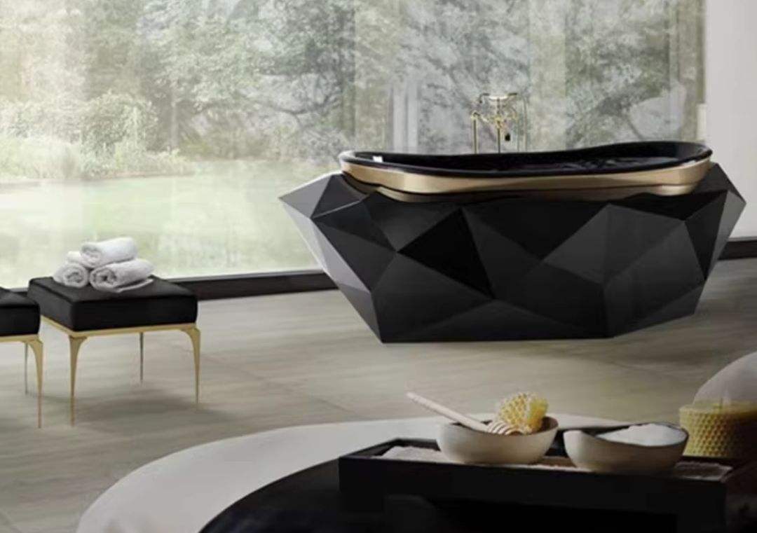 Modern black freestanding bathtub in a stylish bathroom with large windows.