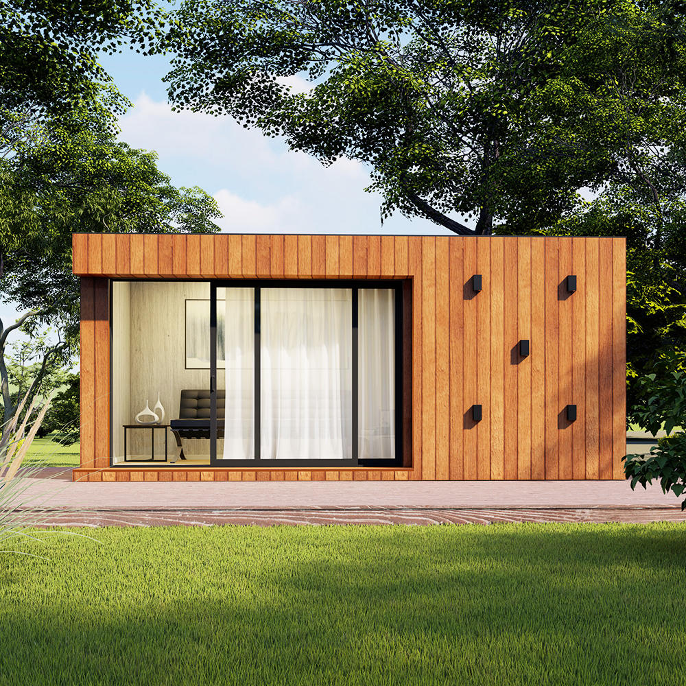 Modern wooden cabin with glass door in a green, tree-lined setting
