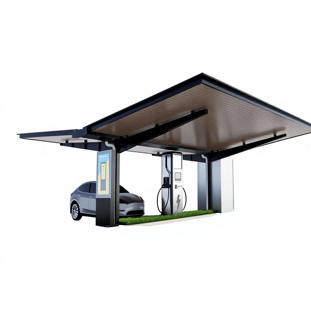 Electric vehicle charging station with a car underneath on a white background