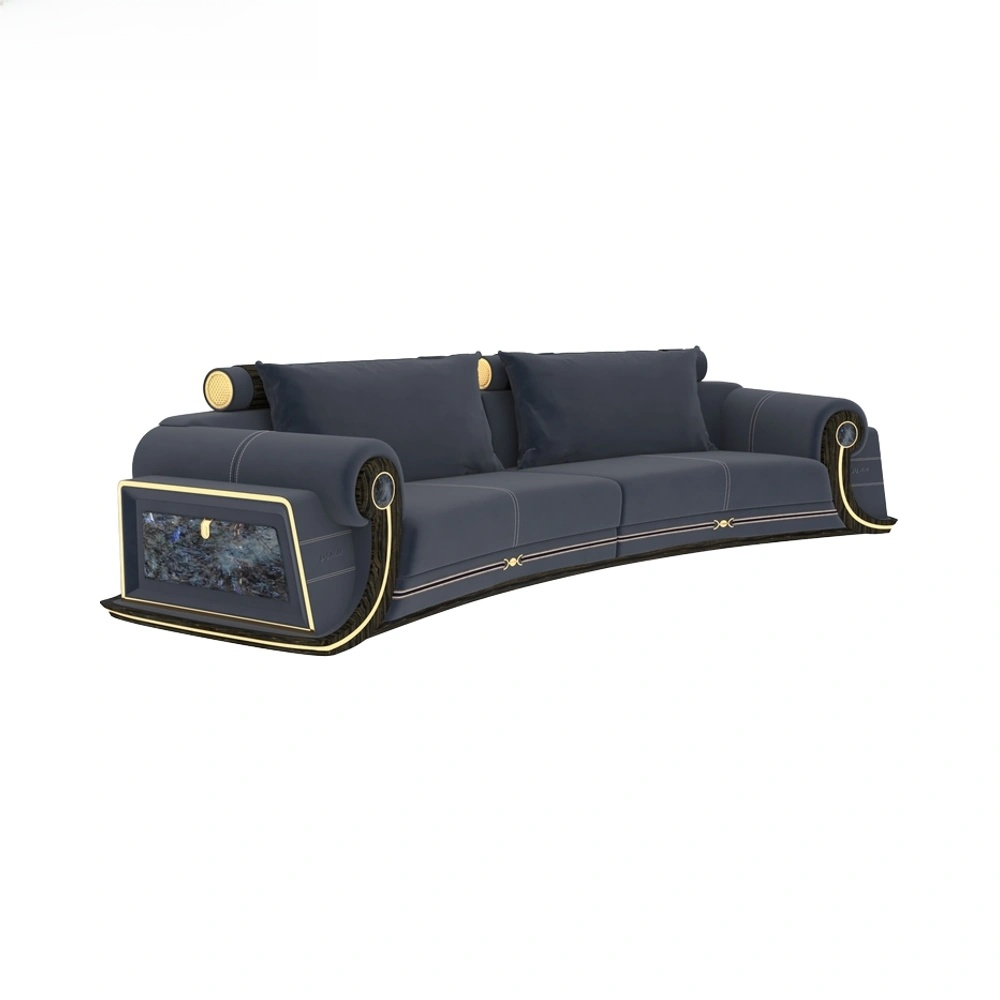 A luxury curved sofa in dark navy blue fabric with gold trim and decorative accents, shown on a plain white background.