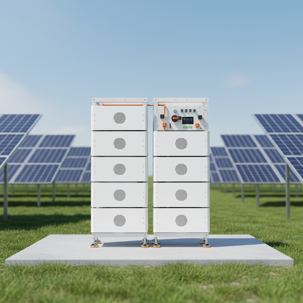 Stack of battery storage units with solar panels in the background
