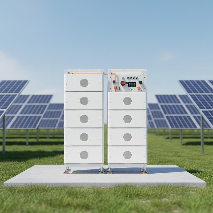 Stack of battery storage units with solar panels in the background
