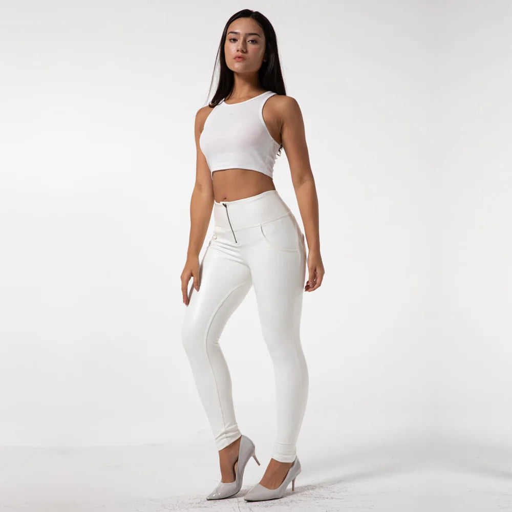 New High Waisted Leather Alike Women Jeans Leggings 