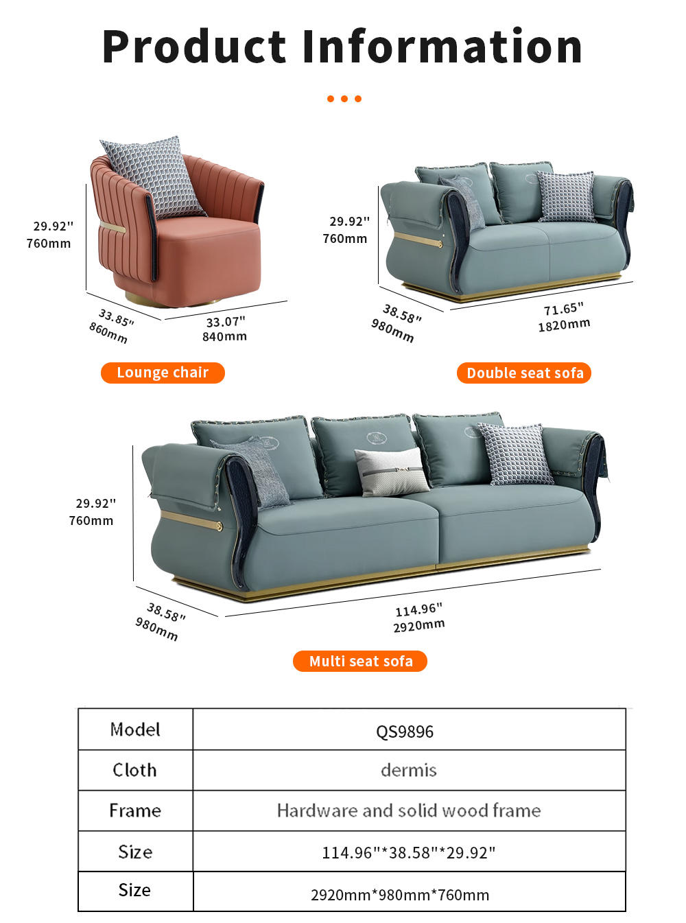 Product information chart for lounge chair, double seat sofa, and multi seat sofa with dimensions and material details.