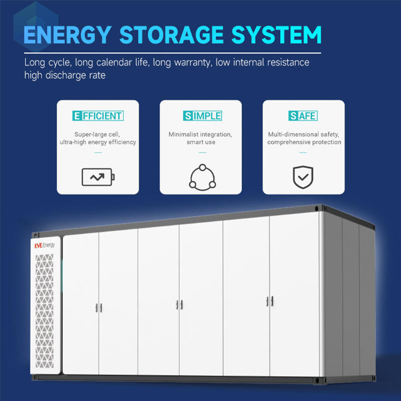 Energy storage system with features highlighted on a blue background